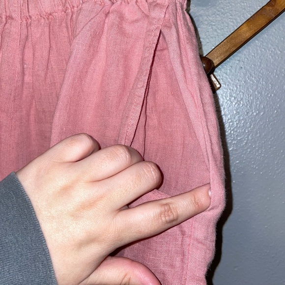 FLAX Lagenlook Light baby Pink Linen Wide Leg Pull On Capri Pants Pockets - Picture 5 of 7